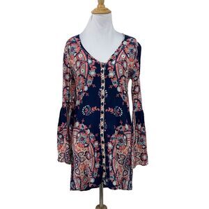 Billabong Bell Sleeve Tunic Dress Womens S Small Floral Print Button Up V Neck